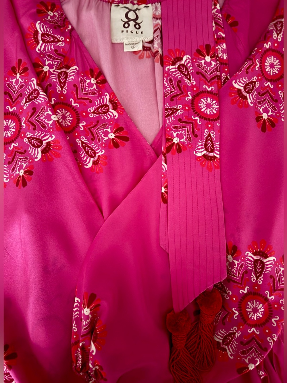 FIGUE 100% Silk Belted Wrap Dress / Fuchsia / Size Medium